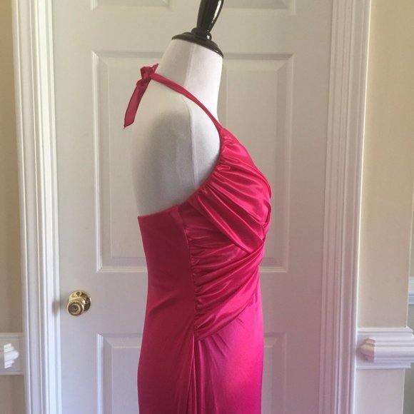 Fuchsia Pink Halter Satin Prom Dress - Picture 7 of 13